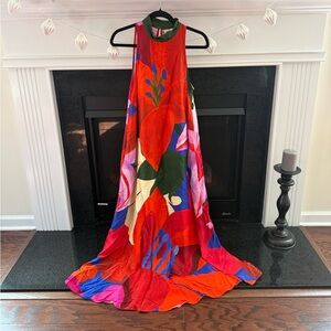 Farm Rio Anthropologie watercolor maxi dress size S bold bohemian artsy indie